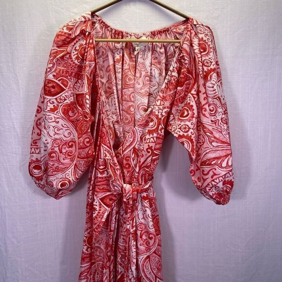 Mara Hoffman Red Floral Adonia Paisley Printed Puff Sleeve Wrap Midi Dress XS - Picture 2 of 9